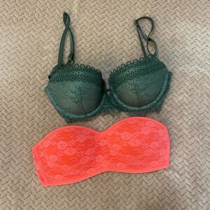 Victoria's Secret Green Lace Bra and Coral Bandeau